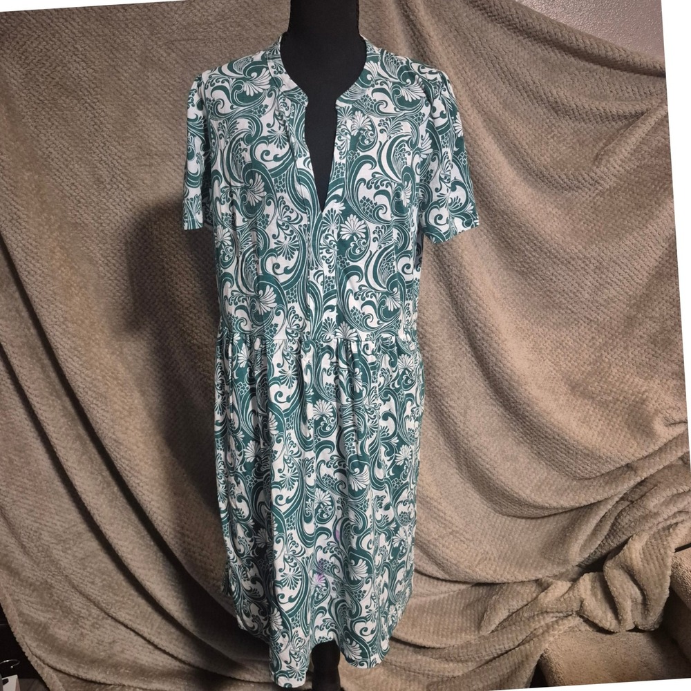 Boden Green Paisley Cotton Modal Split Neck Midi Dress US 16-18 R